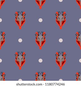 Seamless geometrical polka dot pattern with heads of African bird Southern Ground Hornbill. (Bucorvus leadbeateri). Flat cartoon style.