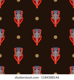 Seamless geometrical polka dot pattern with heads of African bird Southern Ground Hornbill. (Bucorvus leadbeateri). Flat cartoon style.