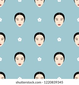 Seamless geometrical polka dot pattern with faces of beautiful Korean girl and stylized blossom. Flat cartoon style.
