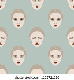 Seamless geometrical polka dot pattern with beautiful female faces. Flat cartoon style.
