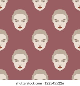 Seamless geometrical polka dot pattern with beautiful faces of a blonde European woman. Flat cartoon style.