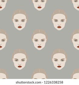 Seamless geometrical polka dot pattern with beautiful faces of a blonde European woman. Flat cartoon style.