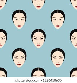 Seamless geometrical polka dot pattern with stylized faces of a beautiful Korean girl. Flat cartoon style.