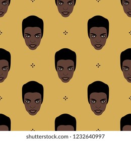 Seamless geometrical polka dot pattern with stylized faces of a beautiful African girl and small crosses. Flat cartoon style.