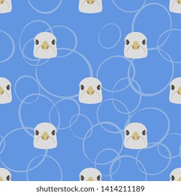 Seamless geometrical polka dot pattern with simple stylized funny faces of sea gull birds and abstract ellipses.