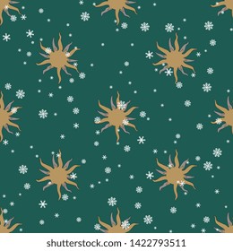 Seamless geometrical polka dot pattern with stylized Sun or Star signs and snowflakes.