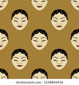 Seamless geometrical polka dot pattern with Indonesian masks. Folk art from Java. Stylized human faces.