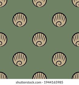 Seamless geometrical polka dot pattern with abstract round spiral shell shapes. 