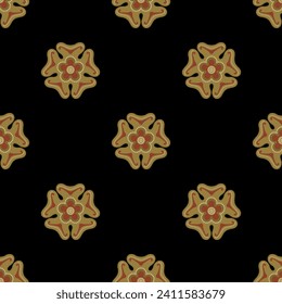 Seamless geometrical polka dot pattern with medieval floral motifs. Red and gold round mandalas on black background.