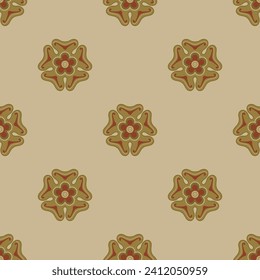 Seamless geometrical polka dot pattern with medieval floral motifs. Red and gold round mandalas on beige background.