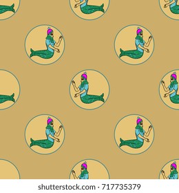 Seamless geometrical polka dot pattern with images of ancient Sumerian sea god Dagon in round frames. Cartoon style. Mythological creature. 