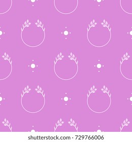 Seamless geometrical simple pattern with delicate white floral wreaths and polka dots on mauve pink background.