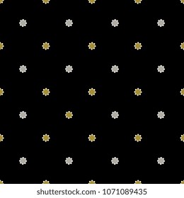 Seamless geometrical simple polka dot pattern. Gold and silver dots on black background.