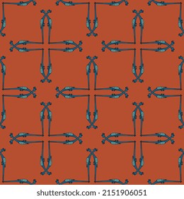 Seamless geometrical square animal pattern with crosses made of medieval dragons. On red background.