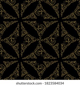 
Seamless geometrical square pattern with elaborate medieval motifs. Golden silhouettes on black background.