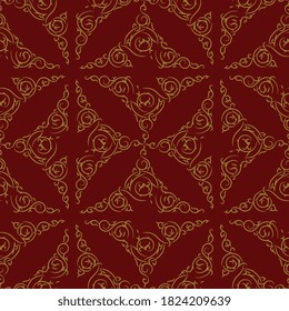 Seamless geometrical square pattern with elaborate medieval motifs. Golden silhouettes on red background.