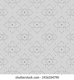 Seamless geometrical vector pattern. Abstract monochrome background with repeating geometric shapes. Modern texture with thin line. Graphic design of a lattice. For the cover of cards, wallpaper.