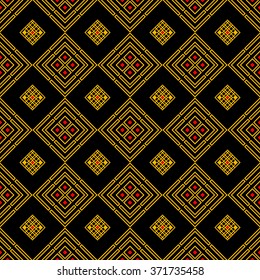 Seamless geometrical vector pattern with black background. Aztec motives.