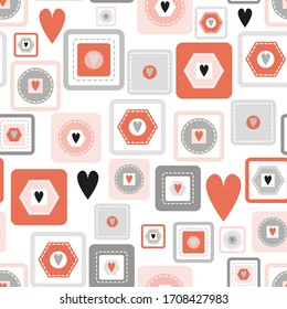 Seamless Geometrical Vector Pattern with monochrome red and black polygonal shapes, circles and hearts for decoration, print, textile, fabric, stationery, wallpaper