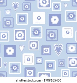 Patrón de vectores geométricos impecables con formas polígonales monocromas azules y blancas, círculos y corazones para la decoración, impresión, textil, tela, papel, papel pintado