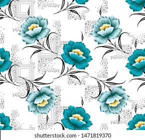 Seamless geometrical vintage floral pattern on white background
