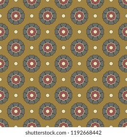 Seamless geometrical vintage pattern with round floral mandalas and abstract dots.