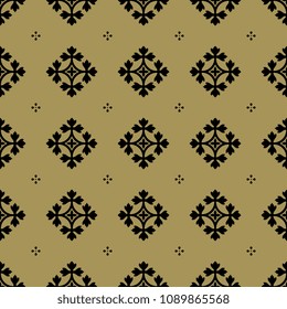 Seamless geometrical vintage pattern with silhouetted floral rhombus and abstract dots. Black silhouettes on gold background.