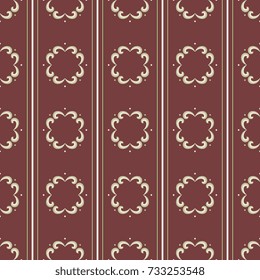 Seamless geometrical wallpaper pattern with vertical stripes and abstract vignettes. Traditional retro style.