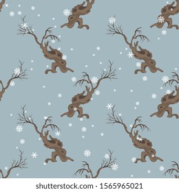 Seamless geometrical winter pattern with bare trees and snowflakes.