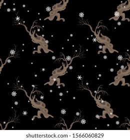 Seamless geometrical winter pattern with bare trees and snowflakes.