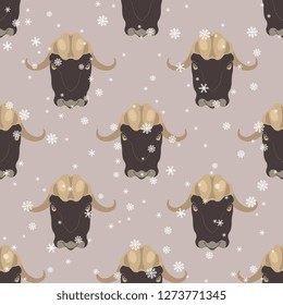 Seamless geometrical winter pattern with stylized heads of muskox and snowflakes. Flat cartoon style.