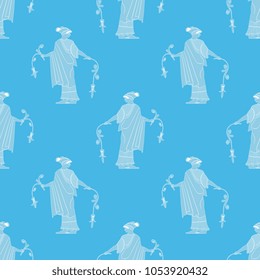 Seamless geometricial monochrome pattern with silhouettes of ancient Greek girl holding two plants.
