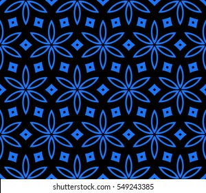 seamless geometry flower pattern. vector illustration. blue on black. for nvitation, background, wallpaper