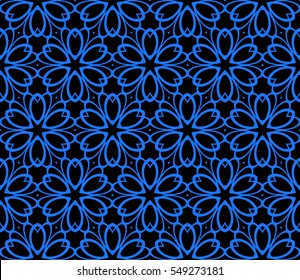 seamless geometry flower pattern. vector illustration. blue on black. for nvitation, background, wallpaper