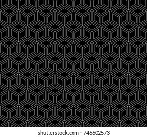 seamless geometry grid graphic deco hexagon pattern vector. Cube gray on black background
