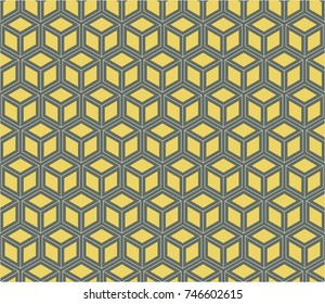 seamless geometry grid graphic deco hexagon pattern vector. Cube yellow on blue background