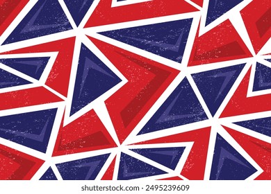 Seamless geometry pattern with triangle, arrow shape. Geometric textured ornament. Shabby spray paint ink texture. Arrows print for sport textile, clothes, wrapping paper. Red, blue, white colors