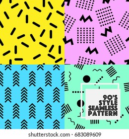 Seamless geometry vector pattern 80-90S style collection set background.