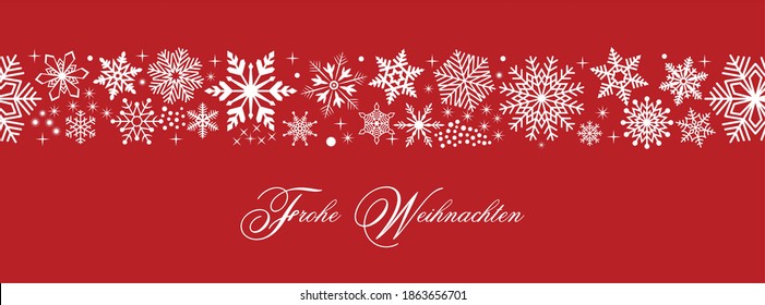 Nahtlose deutsche Grüße Frohe Weihnachten Vektor mit Schneeflocken und Sternen.
Übersetzen von Deutsch auf Englisch: Frohe Weihnachten ist frohe Weihnachten.