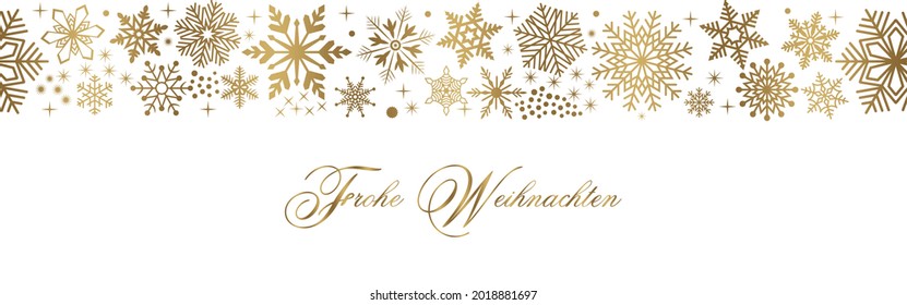 Seamless german greetings Frohe Weihnachten vector with snowflakes and stars.
Translation German to English: Frohe Weihnachten is Merry Christmas.