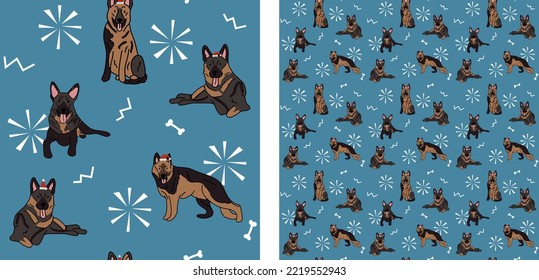 Seamless German shepherd dog pattern, holiday texture. Square format, t-shirt, poster, packaging, textile, socks, textile, fabric, decoration, wrapping paper. Trendy hand-drawn dogs wallpaper.