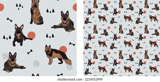 Seamless German shepherd dog pattern, holiday texture. Square format, t-shirt, poster, packaging, textile, socks, textile, fabric, decoration, wrapping paper. Trendy hand-drawn dogs wallpaper.