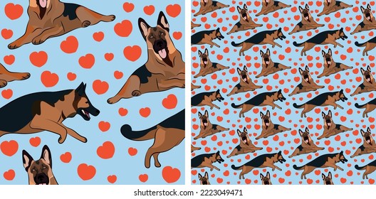 Seamless German Shepherd dog pattern, holiday texture. Packaging, textile, textile, fabric, decoration, wrapping paper. Trendy hand-drawn funny breed wallpaper. Fun seamless Shepherd square pattern.