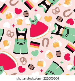 Seamless German traditional clothes and Oktoberfest icons illustration background pattern in vector