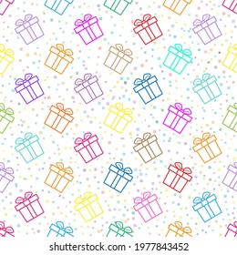 Seamless gift box pattern with bows for texture, textiles, packaging, and simple backgrounds. Flat Style
