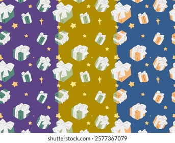 Seamless Gift Box Patterns. Seamless patterns featuring gift boxes with ribbons and stars in purple, yellow, and blue palettes. Perfect for wrapping paper, festive decor, and digital design projects.