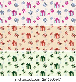 Seamless Gift Box Patterns. Festive Holiday Wrapping Paper Backgrounds.