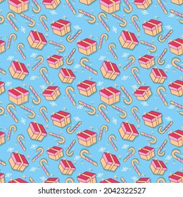 Seamless Gift Boxes With Candy Canes And Snowflakes Pattern Blue Background.