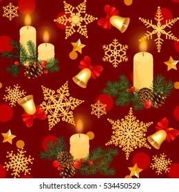 Seamless. Gift Packaging. Wallpaper. Winter Holidays Decoration. New Year background. Greeting background.  Bow. Spruce branches. Ribbon. Rowan. Bell. Candle. Cone. Snowflakes. garland. 