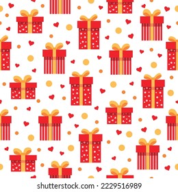 Seamless gift pattern with confetti and hearts isolated on white background.Pattern with red gift boxes with yellow bows in flat style. Wrapping paper,textile design. Christmas and birthday gifts 